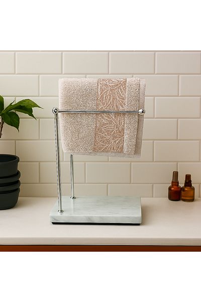 ECASATAL White Marble Pine Towel Rack with Two Silver Metal Arms