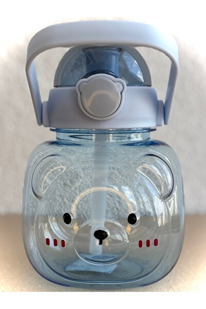 ALİA HOME Children's Water Bottle with Blue Teddy Bear Figure – 1000 ml Bpa-Free Plastic Flask with Straw