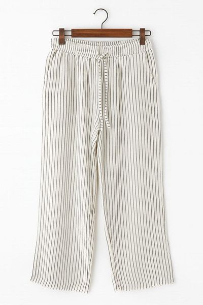 enmodaiçgiyim White Striped 100% Cotton Muslin Fabric Wide Leg Comfortable Fit Women's Trousers with Two Pockets