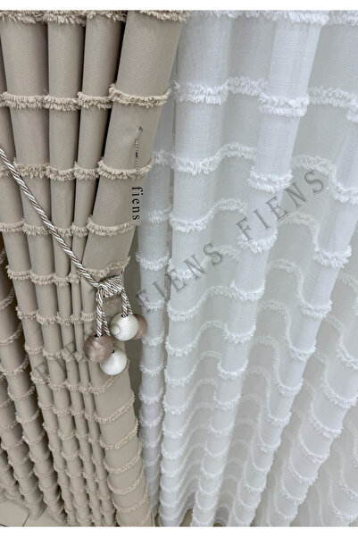 FİENS BEJ İTALYAN FON PERDE ŞERİTLİ PÜSKÜLLÜ KETEN 1/3 Sık Ütüistemez Brocol ...