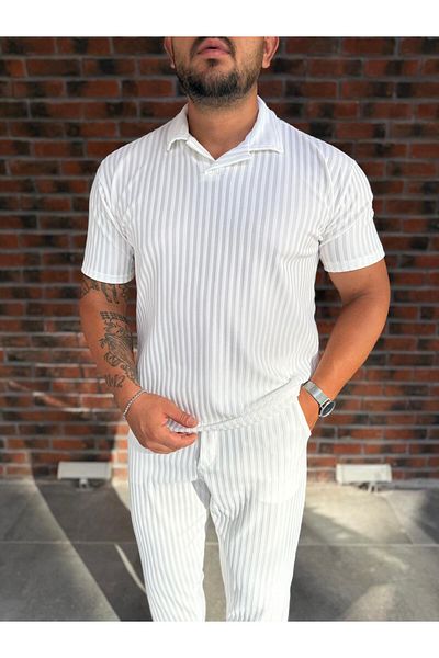Combineman35 Polo Neck Vertical Striped Men's T-Shirt