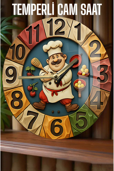 kutuTR Şef Tasarımlı 3D Görünümlü Temperli Cam Saat – 33 cm CSDW141