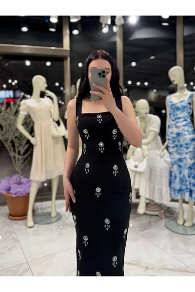 Zoe Zoe Mona Stone Embroidered Thick Strap Midi Dress Black