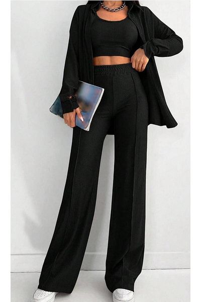 HeviStor Set Three-Piece Combination Shirt Crop Pants Wrap-Around//Stylish Combination