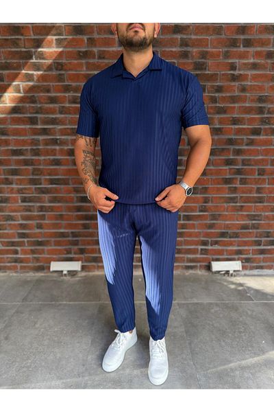 Baycombine35 Men's Striped Polo Neck T-Shirt and Pants Combination