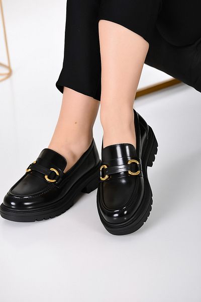 Bitmedeniste Patent Leather Thick Sole Loafer – Black, Gold Buckle, Casual / Office Chic