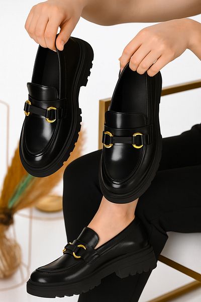 Bitmedeniste Patent Leather Thick Sole Loafer – Black, Gold Buckle, Casual / Office Chic
