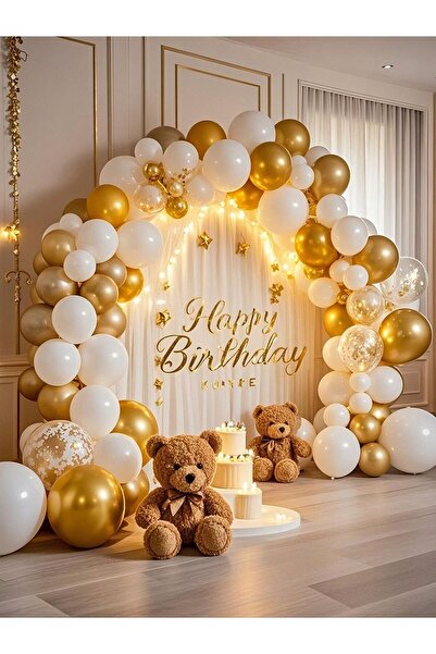 Ezgi Party Store 50 Balloons Fairy Led Birthday Concept Gold White Transparent Balloons Chain Party Set