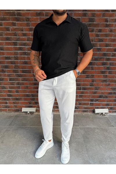 Baycombine35 Men's Striped Polo Neck T-Shirt and Pants Combination