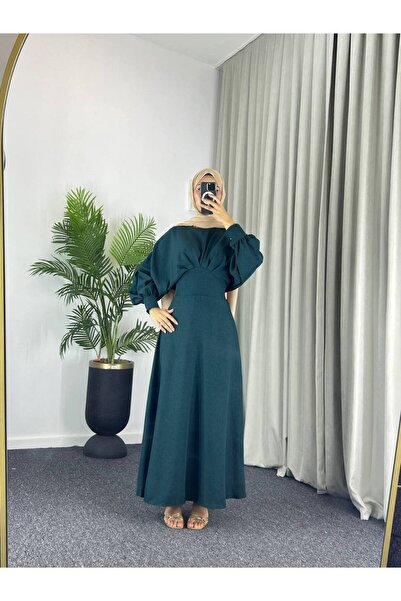 Esre Store 4535 - Keten Tesettür Elbise Yeşil