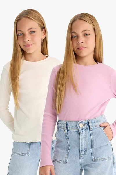 DeFacto Girls' Back to School Slim Fit Slim Fit Crew Neck Ribbed Camisole 2-Piece Long Sleeve T-Shirt E6485A