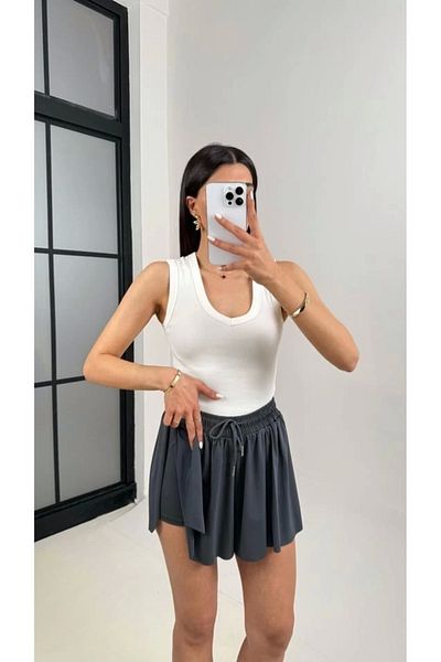 bysoca Pleated Skort with Shorts Inside – Elastic Waist, Lace-Up (Anthracite)