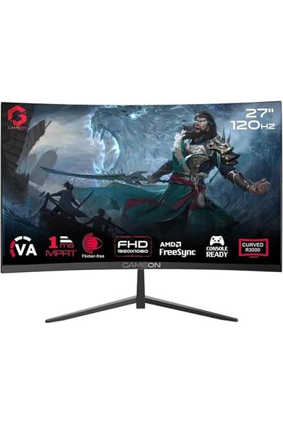 GAMEON 27-inch Curved Gaming Monitor, FHD 1080p, 120Hz, 1ms Response Time, FreeSync, VRR, HDMI 2.1, VGA, Bu