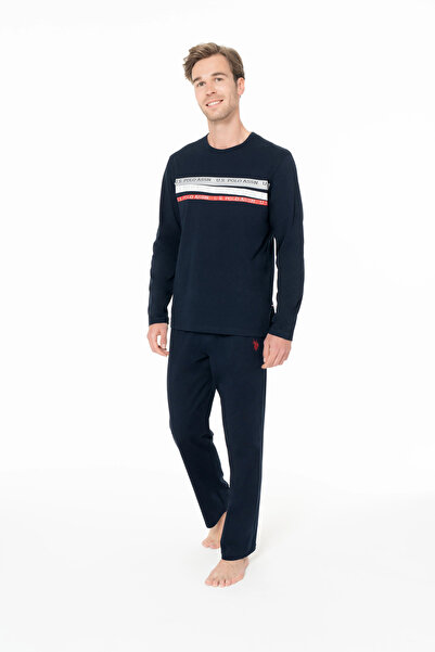 U.S. Polo Assn. Чоловічий піжамний комплект, з кишенями, 100% бавовна, довгі рукави, комір-стійка, горизонтальний принт на грудях