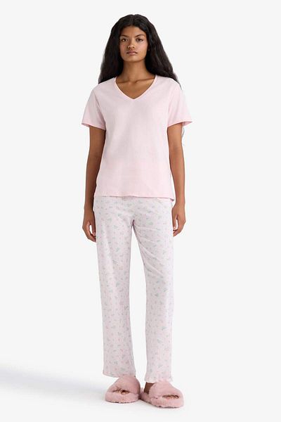 DeFacto Pajama Set Regular Fit Short Sleeve Top Long Bottom-Fall in Love F6987Ax25Au