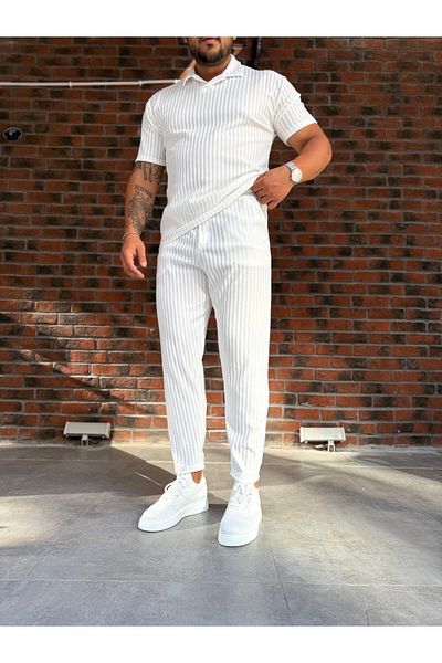 Baycombine35 Men's Striped Polo Neck T-Shirt and Pants Combination