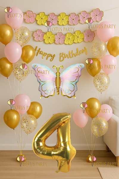 LOTUS PARTY Set de zi de naștere Macaron Floral Gold Butterfly Banner Macaron...