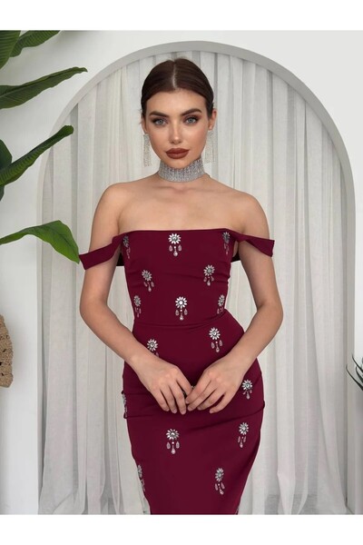 zoezoe Mona Taş İşlemeli Kalın Askılı Midi Boy Elbise Siyah