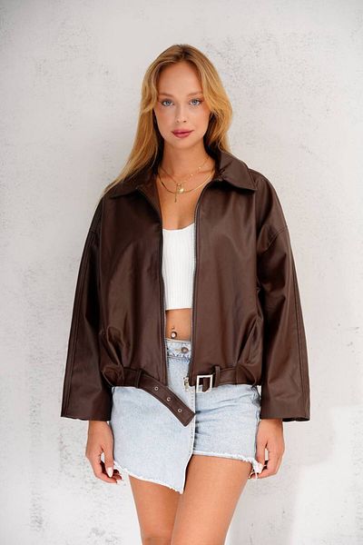 MEYASU Oversize Wide Sleeve P&B Belt Detailed Bomber Leather Jacket