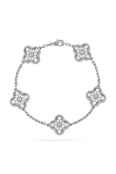 D&D Dora&Dora Van Cleef & Arpels Vintage Alhambra Bileklik, 5 motif Gri Taşlı 925 Ayar Gümüş