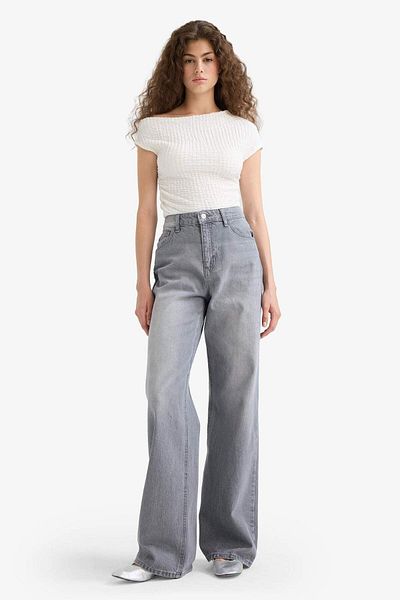DeFacto Straight Wide High Waist Long Jean Washed Trousers E9131Ax25Au