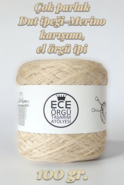 Ece Örgü Tasarım Atölyesi Premium kalite krem rengi, çok parlak dut ipeği mer...