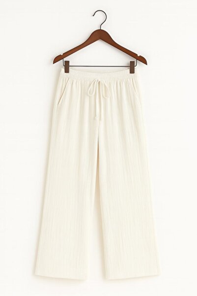 enmodaiçgiyim Off-White 100% Cotton Muslin Fabric Wide Leg Comfortable Fit Women's Trousers with Two Pockets