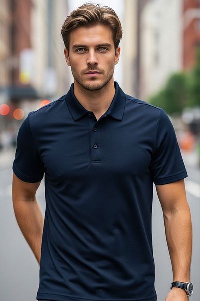 SadeRenk Men's Navy Blue Polo Neck T-Shirt