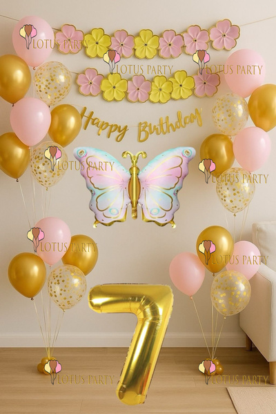 LOTUS PARTY Set de zi de naștere cu fluturi aurii cu flori de macaron Banner ...