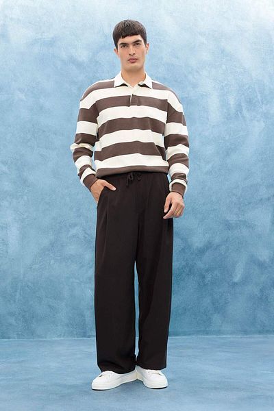 DeFacto Boxy Fit Polo Neck Striped Waffle Sweatshirt E8440Ax25Au