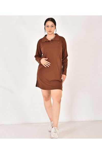 Pollux Women's Polo Neck Long Sleeve Oversize Fit Short Dress