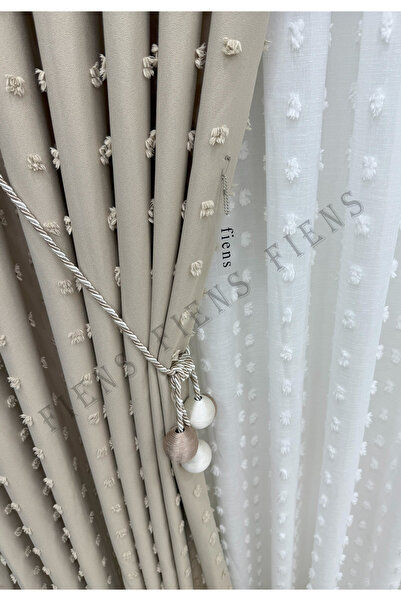 FİENS BEJ PUFDY FON PERDE PONPON PÜSKÜLLÜ KETEN 1/3 Sık Ütüistemez Brocol Hed...