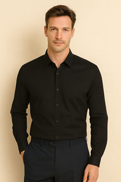 Artı1 Slim Fit Long Sleeve Easy Ironing Sweat Absorbing Breathable Texture Tie Four Seasons Black Men's Shirt