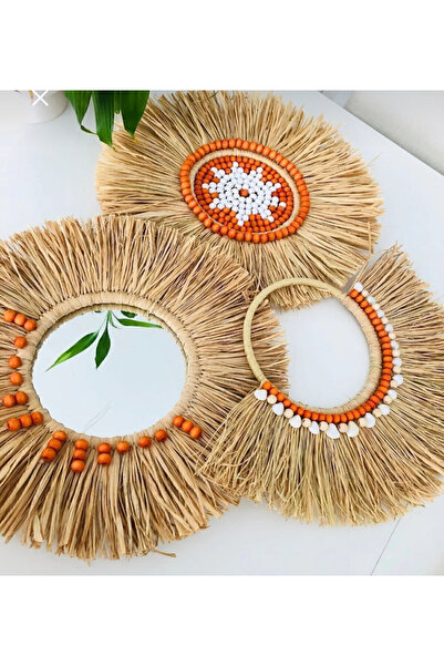 Labor Bohemian 3-Piece Set Raffia Mirror with Beads
