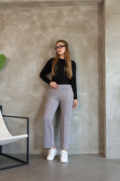 LUQAJ Women's Straight Cut Ribbed Straight Gray Scuba Pocket Elastic Pants