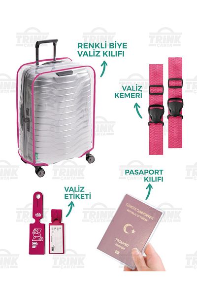Trink Çanta Transparent Suitcase Cover Set (Suitcase Cover-Suitcase Belt-Suitcase Tag-Passport Cover) Colorful Piping