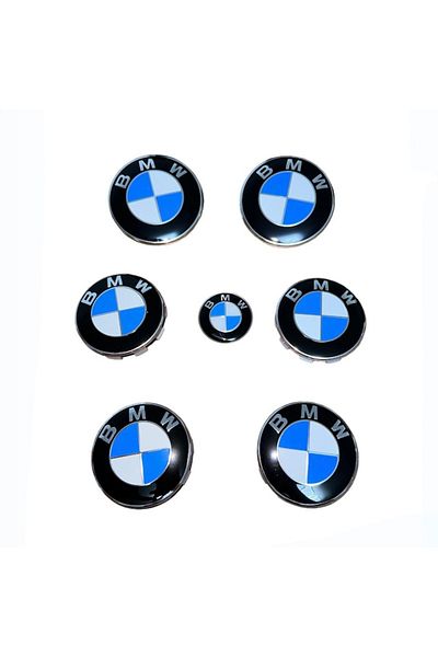 MAF Set embleme BMW 7 piese, alb-albastru, capota/portbagaj 82/74 mm, jante 68mm, volan 44 mm