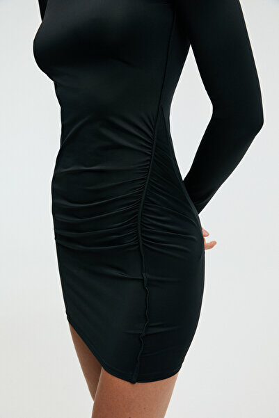 GRIMELANGE Lukkid Women's Stretch Fabric Asymmetrical Collar Slim Fit Black Dress