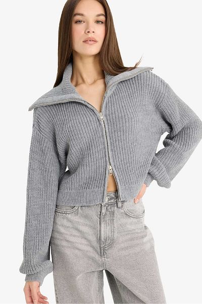 DeFacto Slim Fit Slim Fit Polo Neck Zippered Knitwear Cardigan A3333Ax25Wn