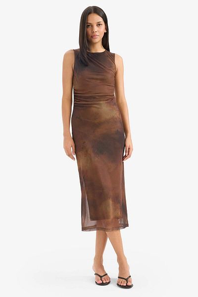 DeFacto Bodycon Body Hugging Crew Neck Patterned Tulle Sleeveless Midi Dress E7402Ax25Au