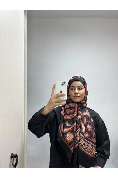 AMİNENESİL Ethnic Pattern Black Tile Color Soft Cotton Shawl