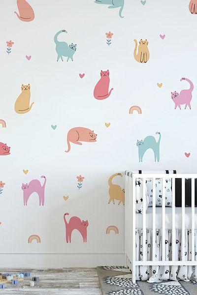 Grafikup Cat Kids Room Wall Sticker Set - Cats, Hearts, Rainbows, Flowers Wall Decor Set