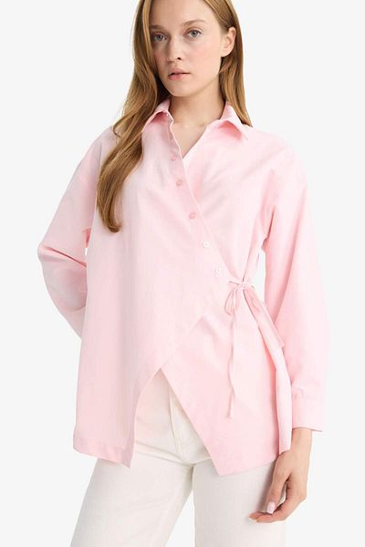 DeFacto Regular Fit Shirt Collar Front Tie Poplin Long Sleeve Shirt Tunic F8347Ax25Au