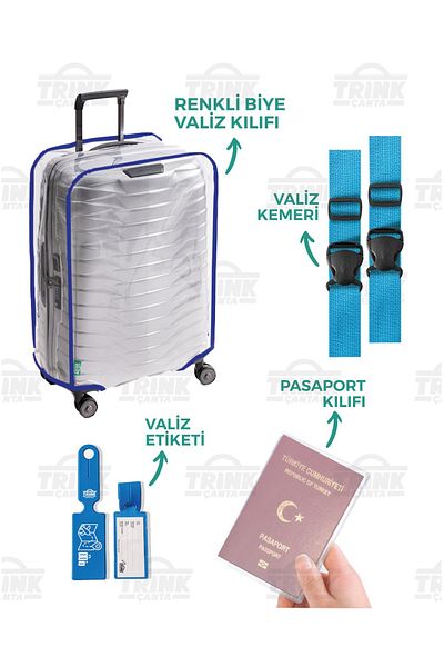 Trink Çanta Transparent Suitcase Cover Set (Suitcase Cover-Suitcase Belt-Suitcase Tag-Passport Cover) Colorful Piping