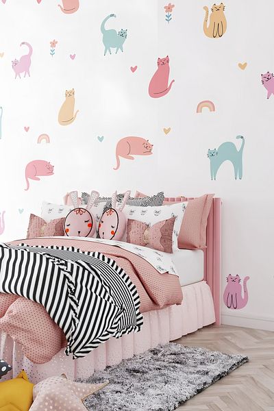 Grafikup Cat Kids Room Wall Sticker Set - Cats, Hearts, Rainbows, Flowers Wall Decor Set
