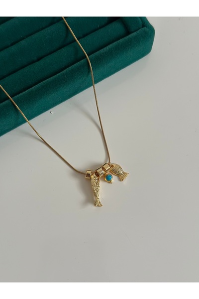 MİOSA Turkuaz Taşlı Şans Temalı Balık Charm Çelik Kolye