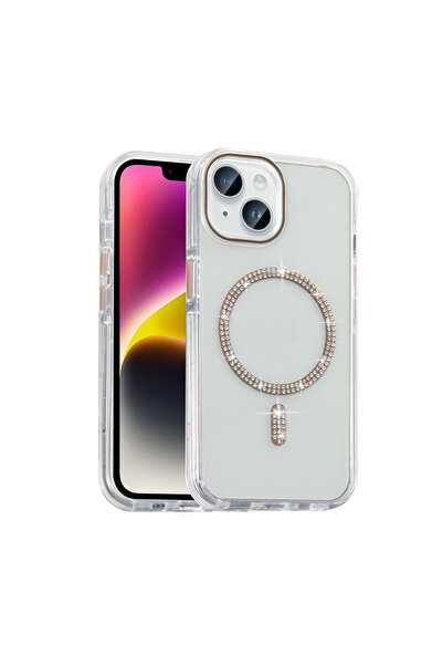 zore iPhone 14 Kılıf Taşlı Tasarım M-safe Şarj Özellikli HNZM Koment Silikon ...