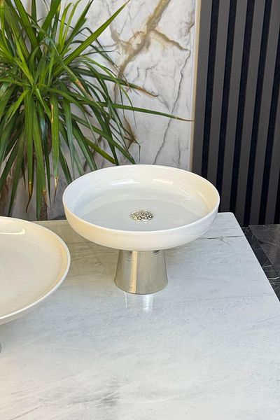 MAY HOME Porcelain Silver Footed Bowl & Salad Fruit Appetizer Presentation Serving 26 cm (Washable)