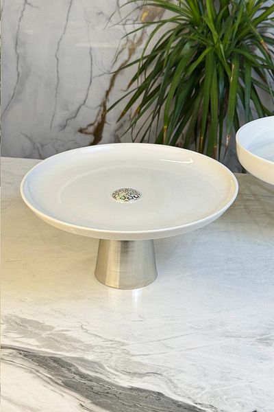 MAY HOME Porcelain Silver Footed Plate & Cake Cookie Pastry Presentation Plate Service 27 cm (Washable)