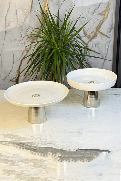 MAY HOME Set of 2 Porcelain Silver Footed Plate Bowl & Salad Cake Cookie Presentation Serving (Washable)